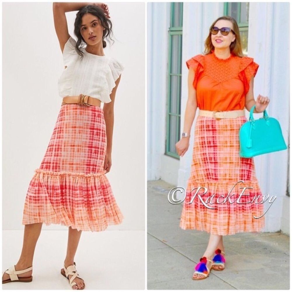 Anthropologie Eva Franco Kym Flounced Hem Orange Midi Skirt Sz L